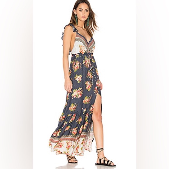 Farm Rio Navy Floral Maxi Dress With White Bodice And Floral Border